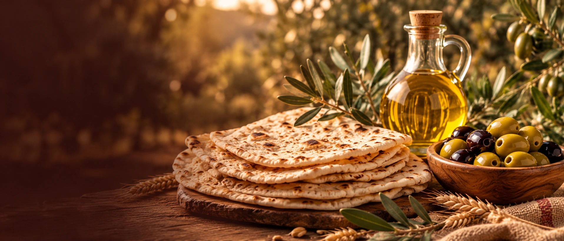 Lavaş, zeytin ve zeytinyağıyla hazırlanan temsili gıda sofrası